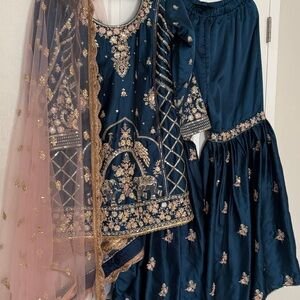 Teal Embroidered Gharara Suit with Peach Dupattai Indian outfit Indian 3 piece